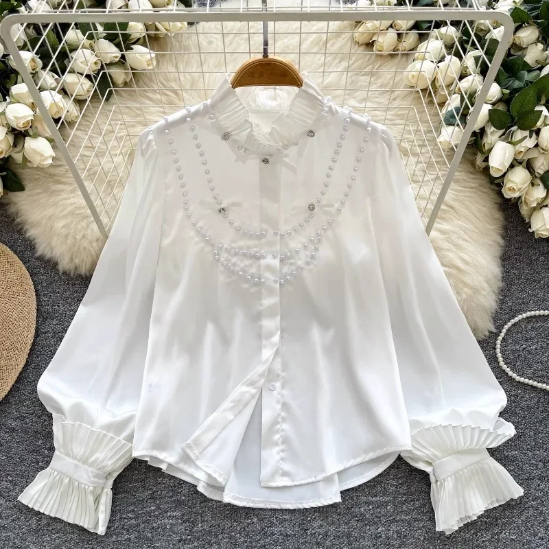 2025 Spring New Vintage French Women Clothing Blusas Mujer Beading High Grade Blouses O Neck Pleated Bowknot Chic Satin Shirts