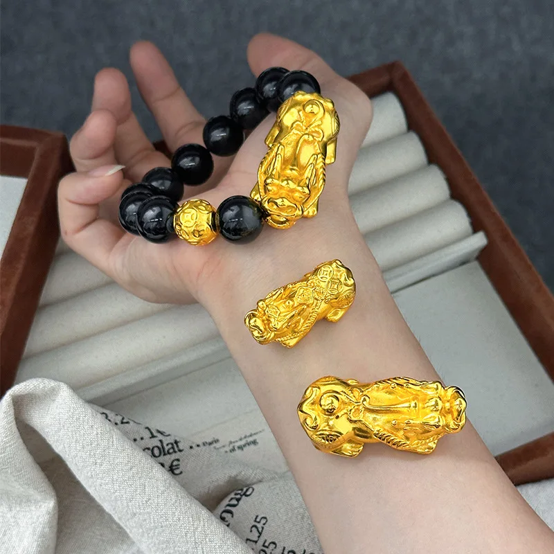 الرجال الفاخرة 9999 24K الذهب الحقيقي اضافية كبيرة الجوف النحاس عملة Pixiu تقليد 3D المال الخرز