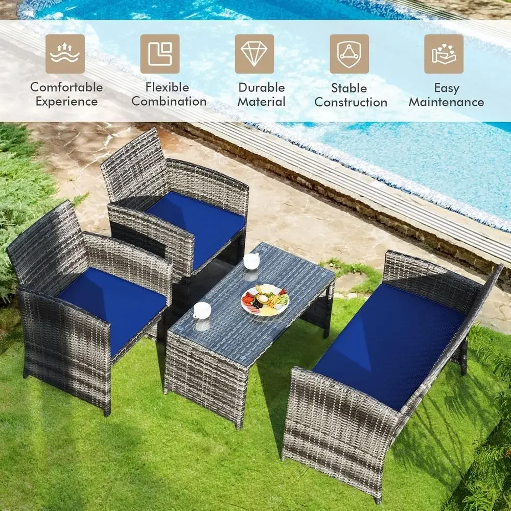 4-Piece Outdoor Rattan Furniture Set with Cushions, Tempered Glass Top for Patio, Lawn, Pool, Garden (Blue)