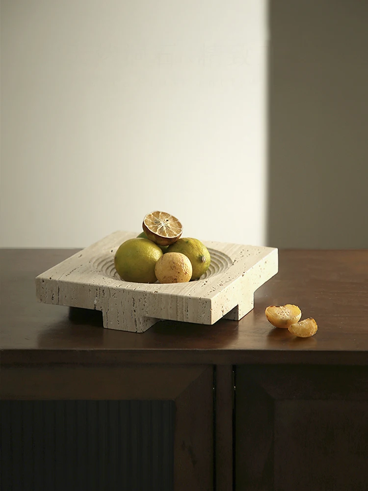 Beige Travertine Stone Tray Storage Container for Salad Bread Vintage Marble Fruit Bowl for Table Decor and Kitchen Counter