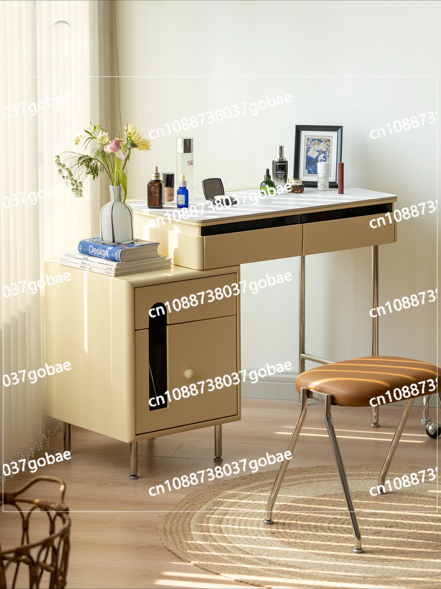 ZWS Dressing Table Solid Wood Stone Plate Bedroom Bedside Table Integrated Combination Makeup Table Cream Style