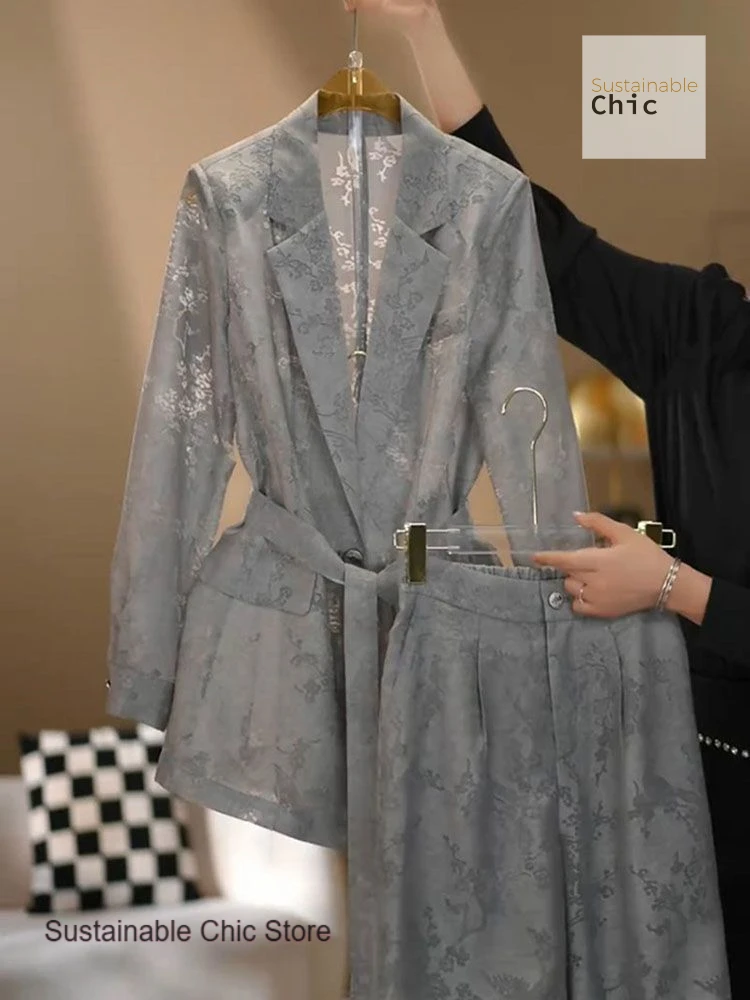 

French grey embroidered temperament suit female summer new fashion high-end design wide-leg pants fashion suit two-piece female