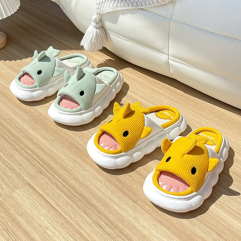Women Linen Slippers Cartoon Shark Four Seasons Home Indoor Shoes Couple Non-slip Thick Sole Bedroom Flax Slipper Men Footwear