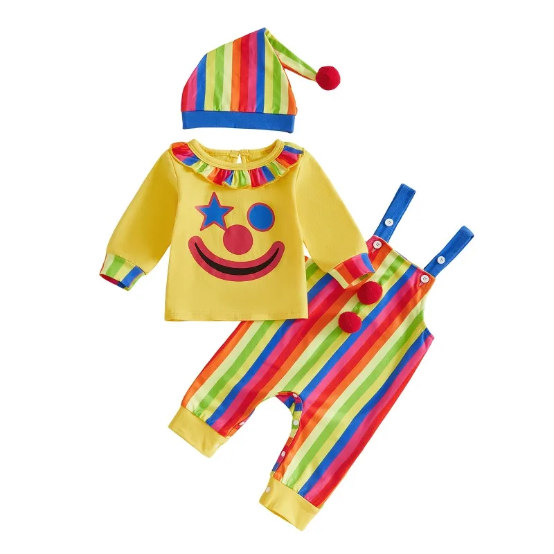 Newborn Infant Baby Boys Girls Clown Romper Yellow Colorful Striped Overalls Hat Set Halloween Party Cosplay Costume 0 24M
