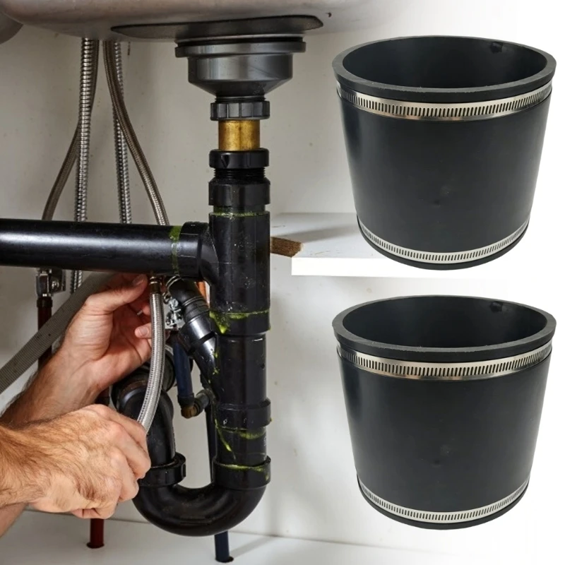 Drain Pipe Repair Coupling with Rubber Sleeve and Steel Band Fasteners, 2 Pack for Utility Line Service and Plumbing Use D2RD