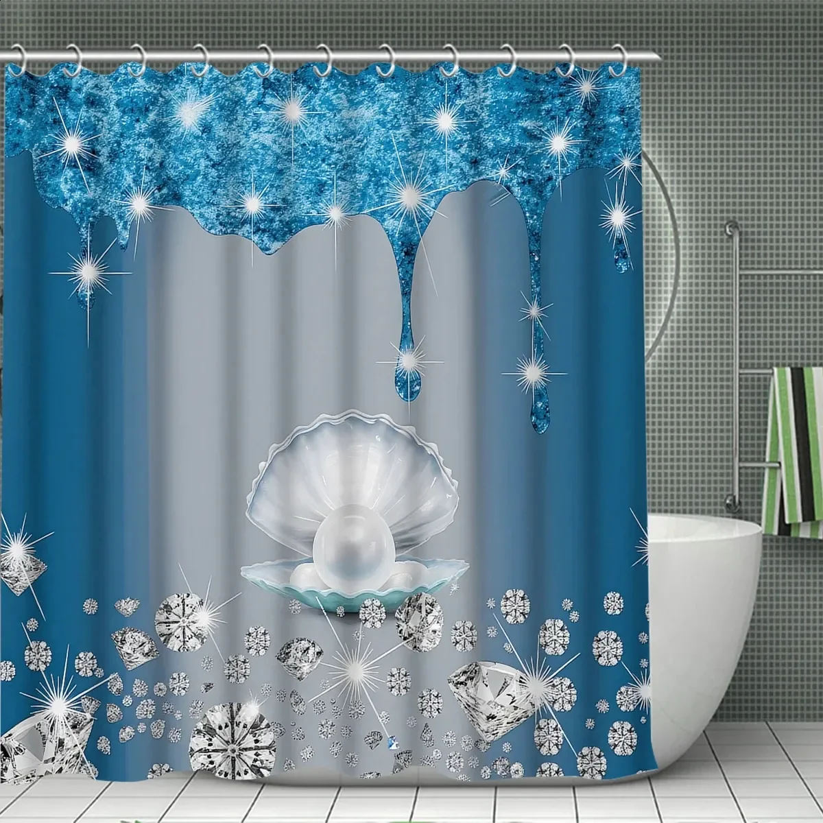 4 Pcs Blue Diamond Shower Curtain Set Waterproof Fabric Bath Curtain Pearl Non-Slip Bath Mat Toilet Lid Cover Bathroom Decor