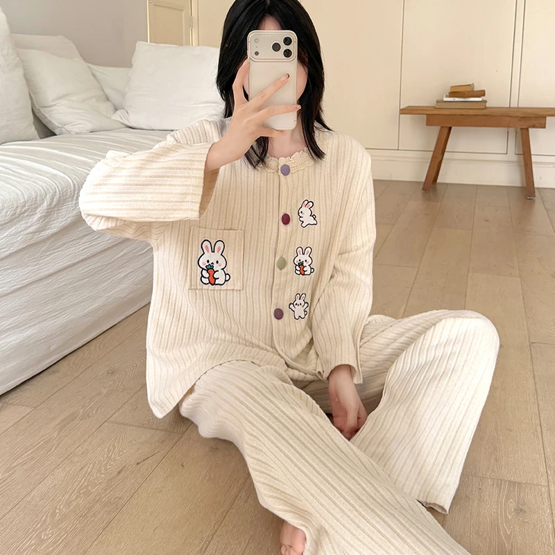 Women Autumn Winter Pajama Set Cute Cartoon Rabbit Print Striped Soft Comfy Sweet Casual Homewear Loungewear Sleepwear Suit