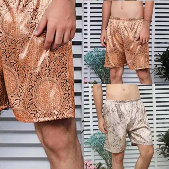 Men's Ice Silk Pajama Shorts Satin Print Breathable Sleep Bottoms Loungewear