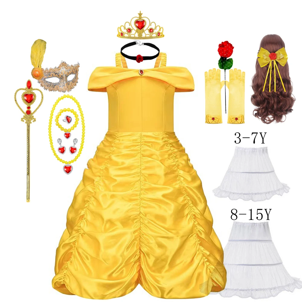 Princess Dress for Girl Kids Floral Ball Gown Child Bella Cosplay Beauty and The Beast Costume Fancy Party Belle Dress