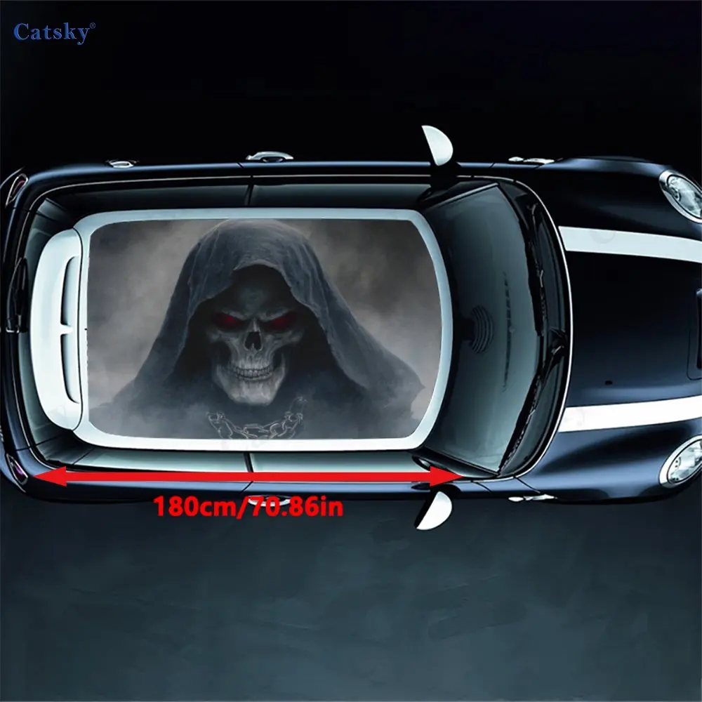 Mysterious Red Eyes Skull Car Roof Sticker Packaging, Racing SUV Car Parts Packaging, PVC Car Cover Pattern Sticker Decoration,