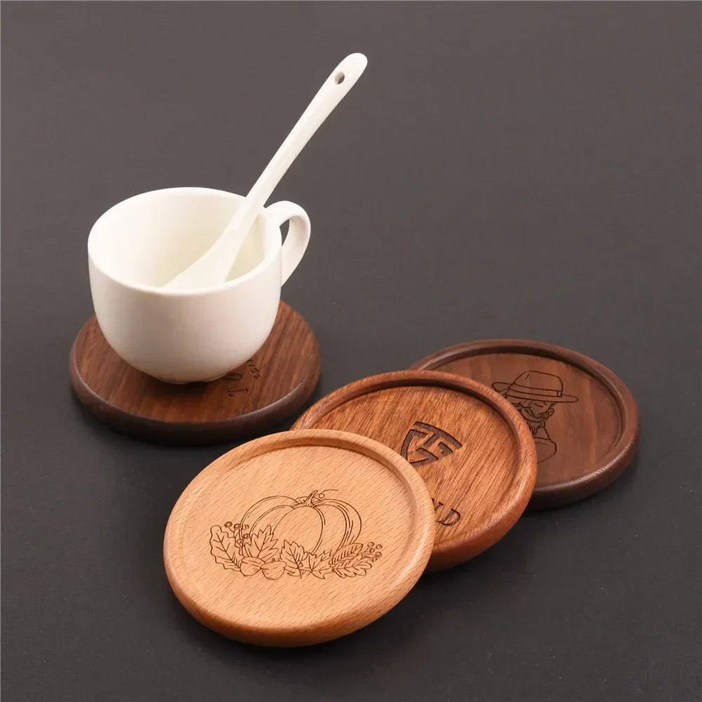 1pc Free Custom Solid Wood Coaster Beech Rosewood Walnut Round Wood Groove Coaster Heat Resistant Tea Coffee Coaster Placemat