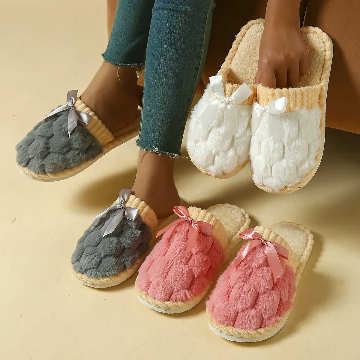 

Bowknot Decor Winter Warm Slippers for Women Soft Sole Fluffy Flat Indoor Slides Woman Non Slip Comfortable Plush House Slippers