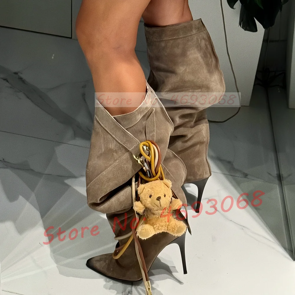 Grey Suede Pleated Knee High Boots Women Sexy Fashion Belt Buckle Pointy Toe Thin High Heel Ladies Retro Wide Fit Feminine Shoes