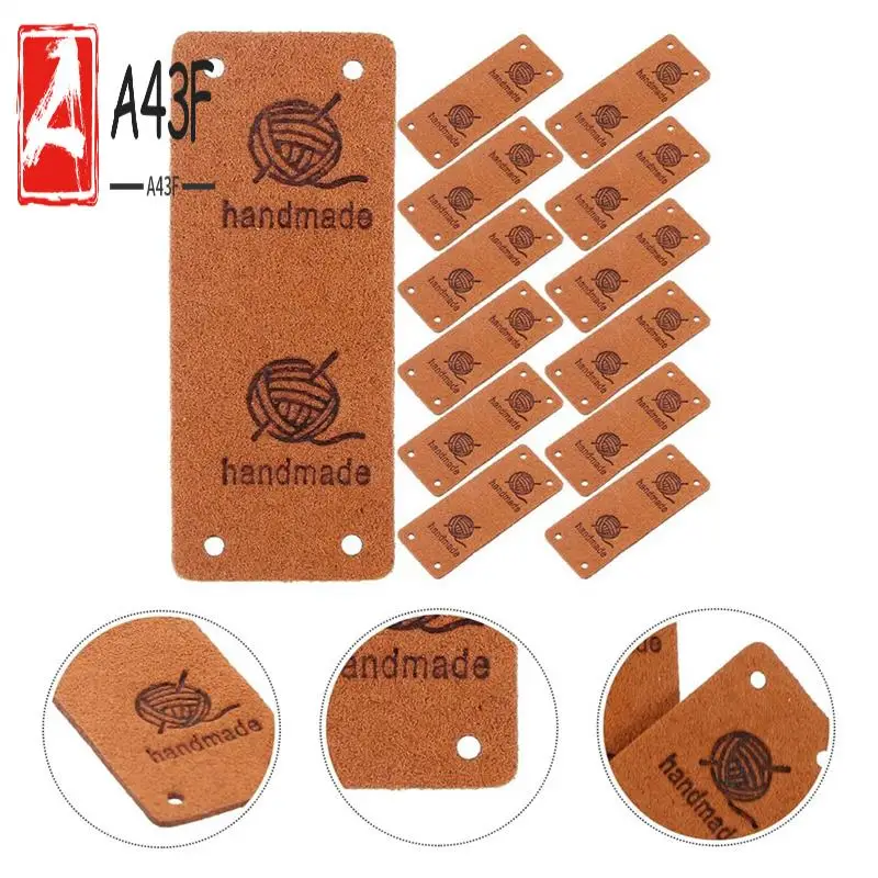 

A43F-50Pcs Faux Leather Label Handmade Tag Label Folding Handmade Tags Button With Holes Embossed Tag Embellishment Knit