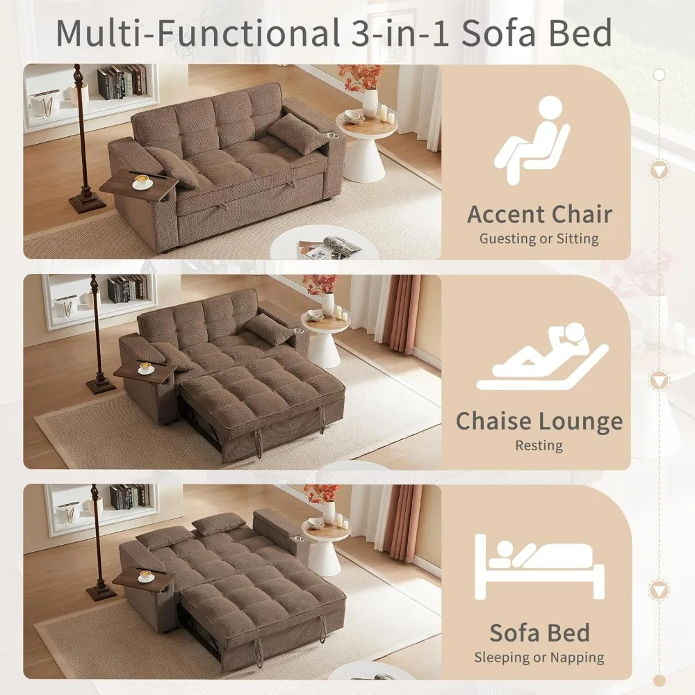 أريكة سرير قابلة للتحويل 3 في 1 مقاس 65 بوصة، أريكة سحب بحجم كوين، قماش شانيل حديث، 360 درجة °   طاولة جانبية دوارة، سهلة التجميع