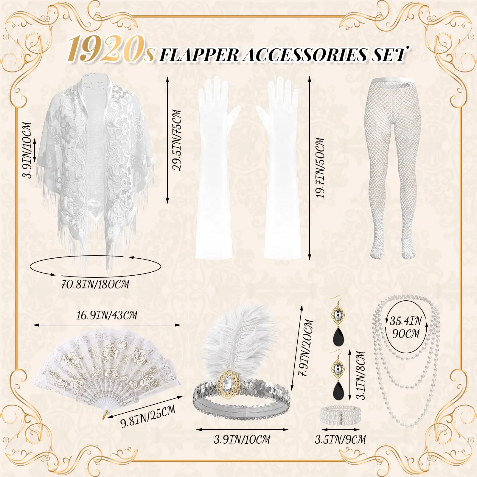 8PCS Flapper Accessories Set for Women, Roaring 20's Costume Set 1920s Flapper Kit Shawl Headband Gloves, Lace Stretch Fabric, Retro 20s Theme Accessories for Halloween Party Cosplay
