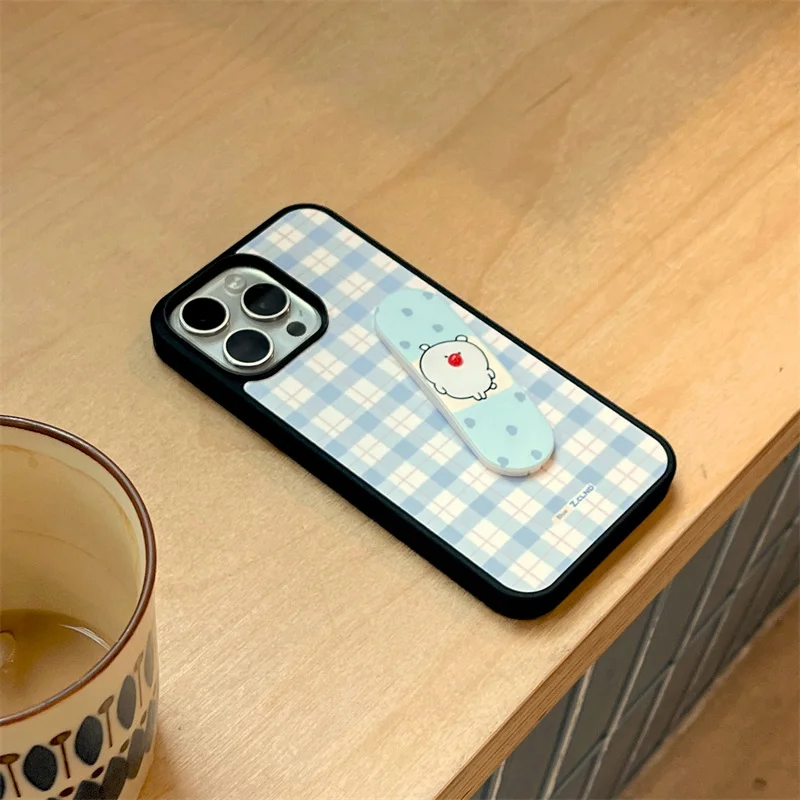 Korean Blue Plaid Pattern Phone Case For iPhone 16 Pro 15 13 14 Pro Max Cover with Cute Bear Stand Holder Hard Cases Lovely Capa