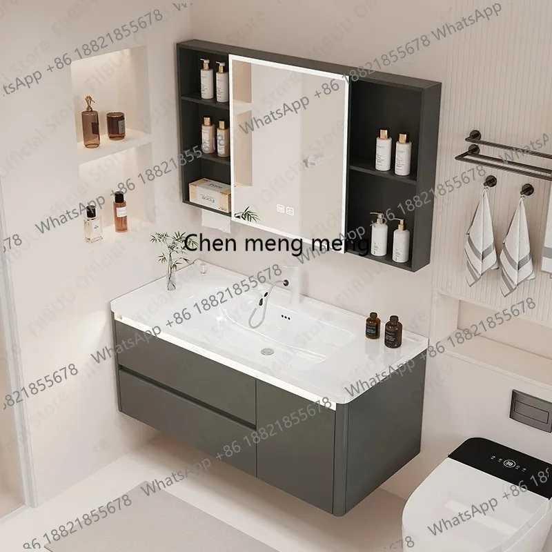 Bathroom Vanity Set with Smart LED Mirror Wall-Mounted Aluminum Cabinet with Integrated Ceramic Sink Basin Touch Control Drain