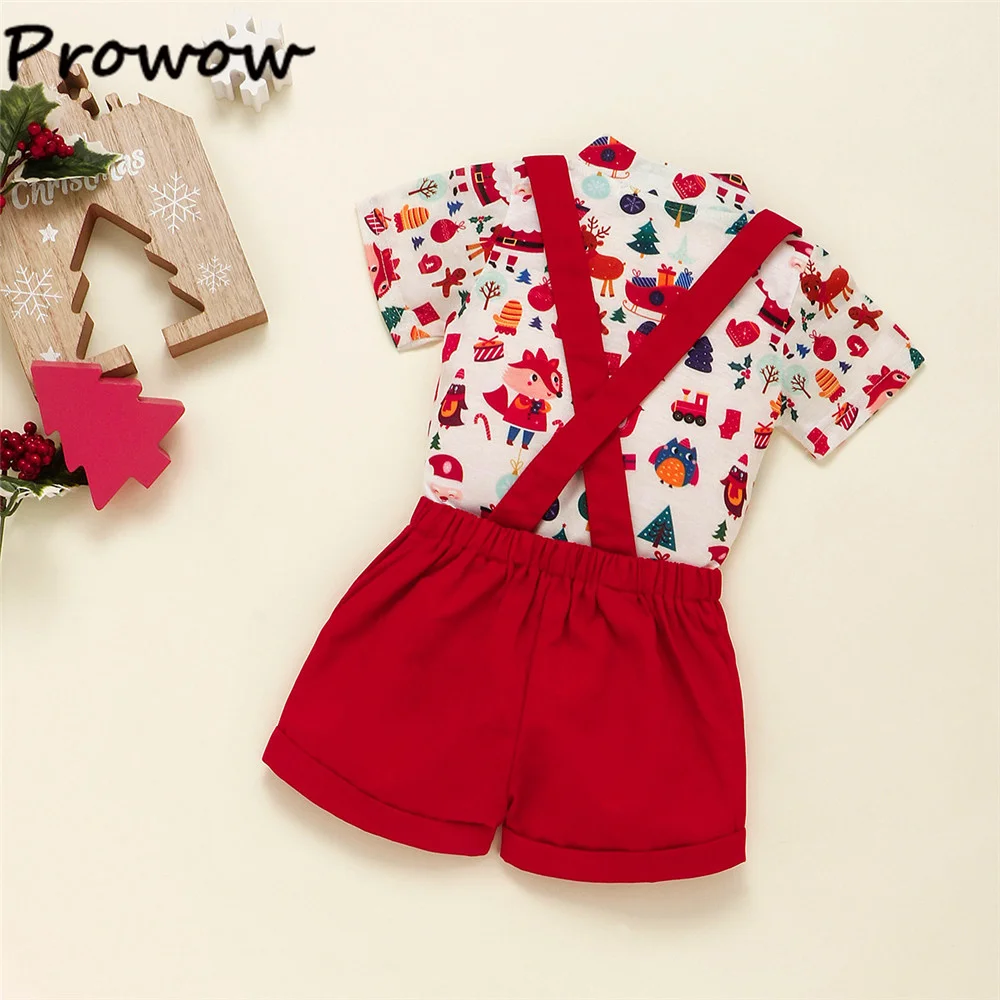 Baby Boy Christmas Outfits Clothes Summer Red Necktie Xmas Printed Bodysuit and Red Overalls My First New Year Baby Costume