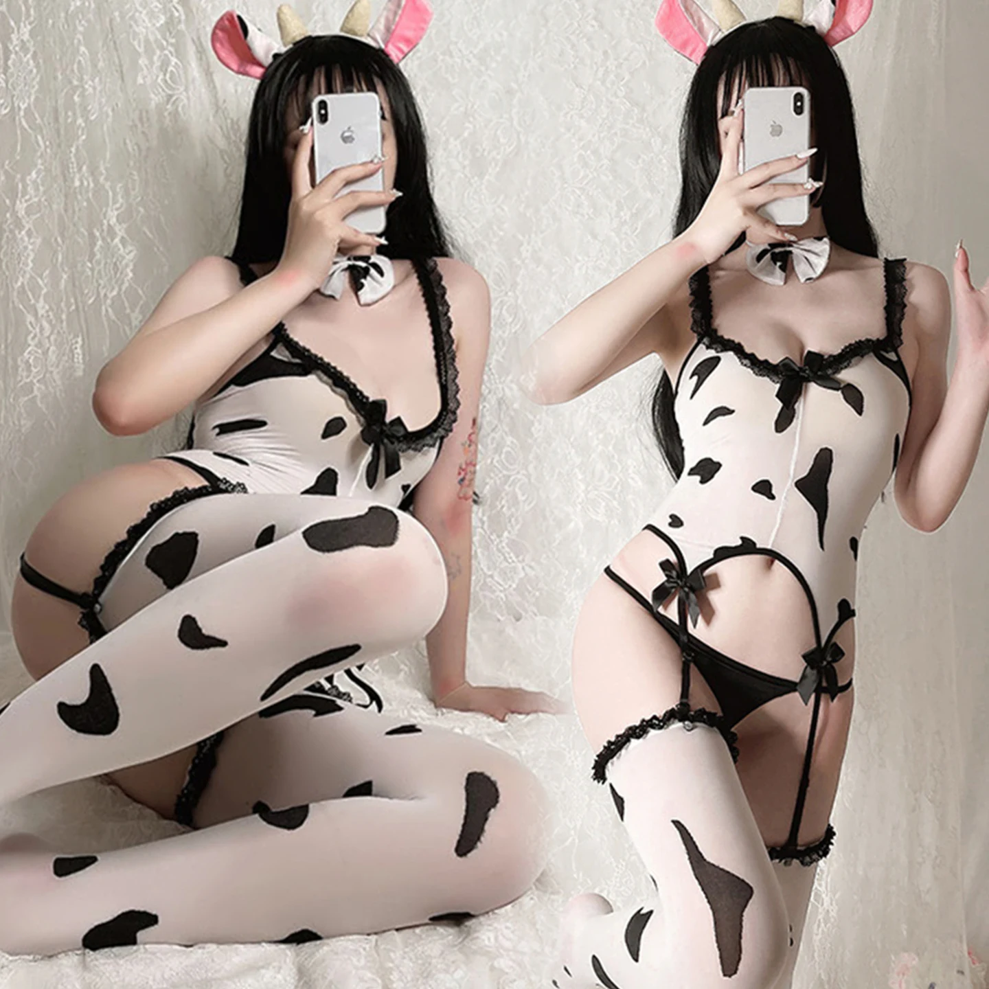 

Sexy Bodysuit Women Thin Open Crotch Bodystocking Cow Black Stockings Erotic Lingerie Set Cosplay Sexy Femme Women Costumes