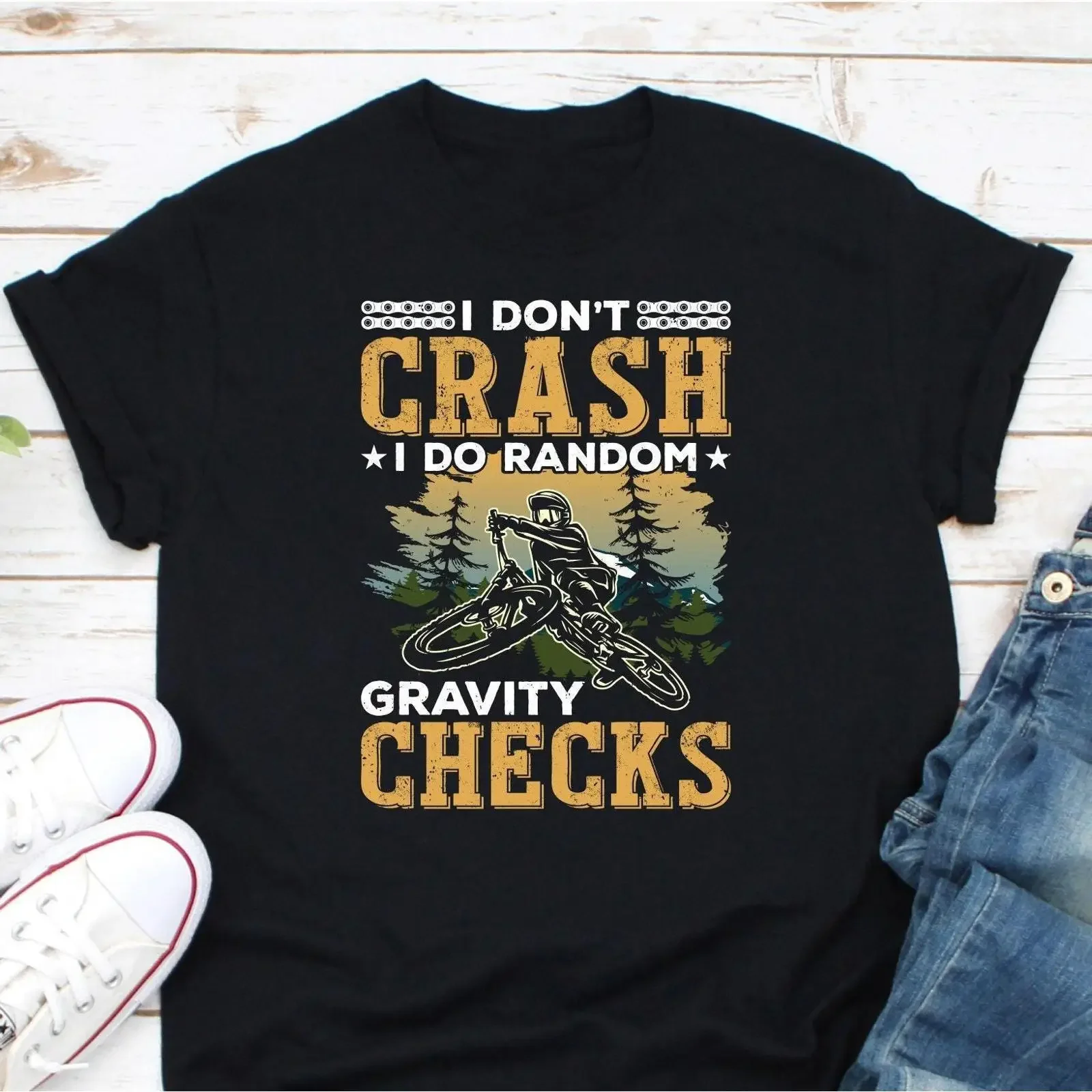 I Don't Crash Do Random Gravity Checks T Shirt Mountain Biking Funny Cyclist Biker Bike Lover Casual vintage Washed Versatile