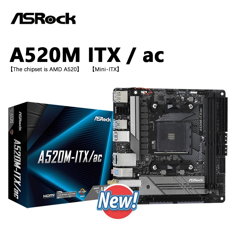 ASROCK New A520M ITX / ac Mini-ITX AMD A520 DDR4 4733+(OC) MHz USB3.2 Max-64G  Double Channel Socket AM4 Motherboard