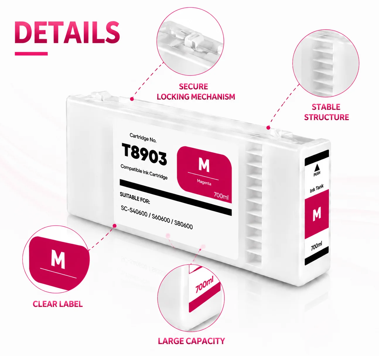 T8901-T8904 Compatible Ink Cartridge 700ML With Disposable Chip Eco‑Solvent Ink For Epson SC‑S40600 S60600 S80600 Printer