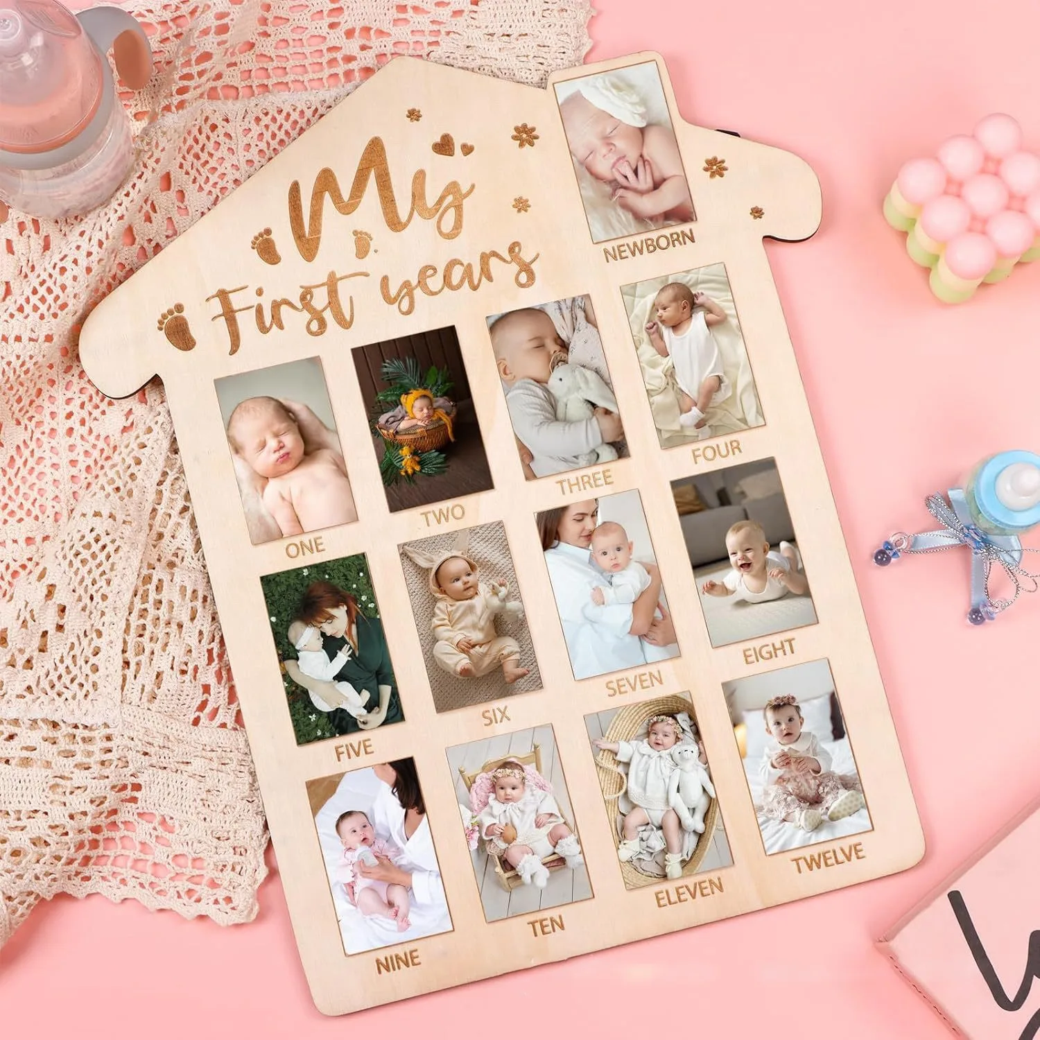 Wooden Baby First Year Picture Frame 12 Month Milestone Board Photo Display Baby Keepsake Frame 1st Birthday Gift for Boy Girl