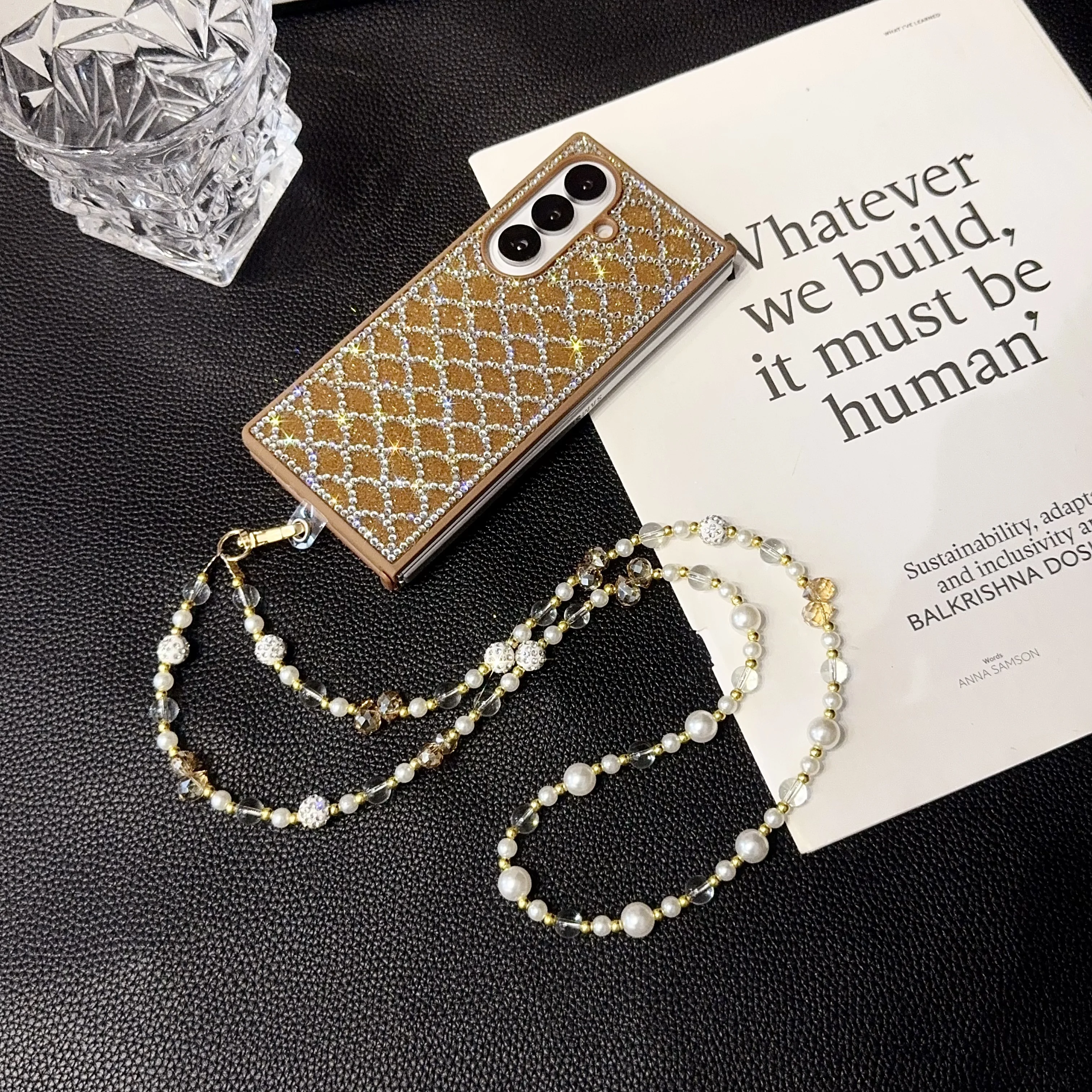 Роскошный уникальный чехол для телефона на запястье с ромбовидной шкалой и кристаллами жемчуга для Samsung Galaxy Z Fold 7, 6, 5, 4, 3