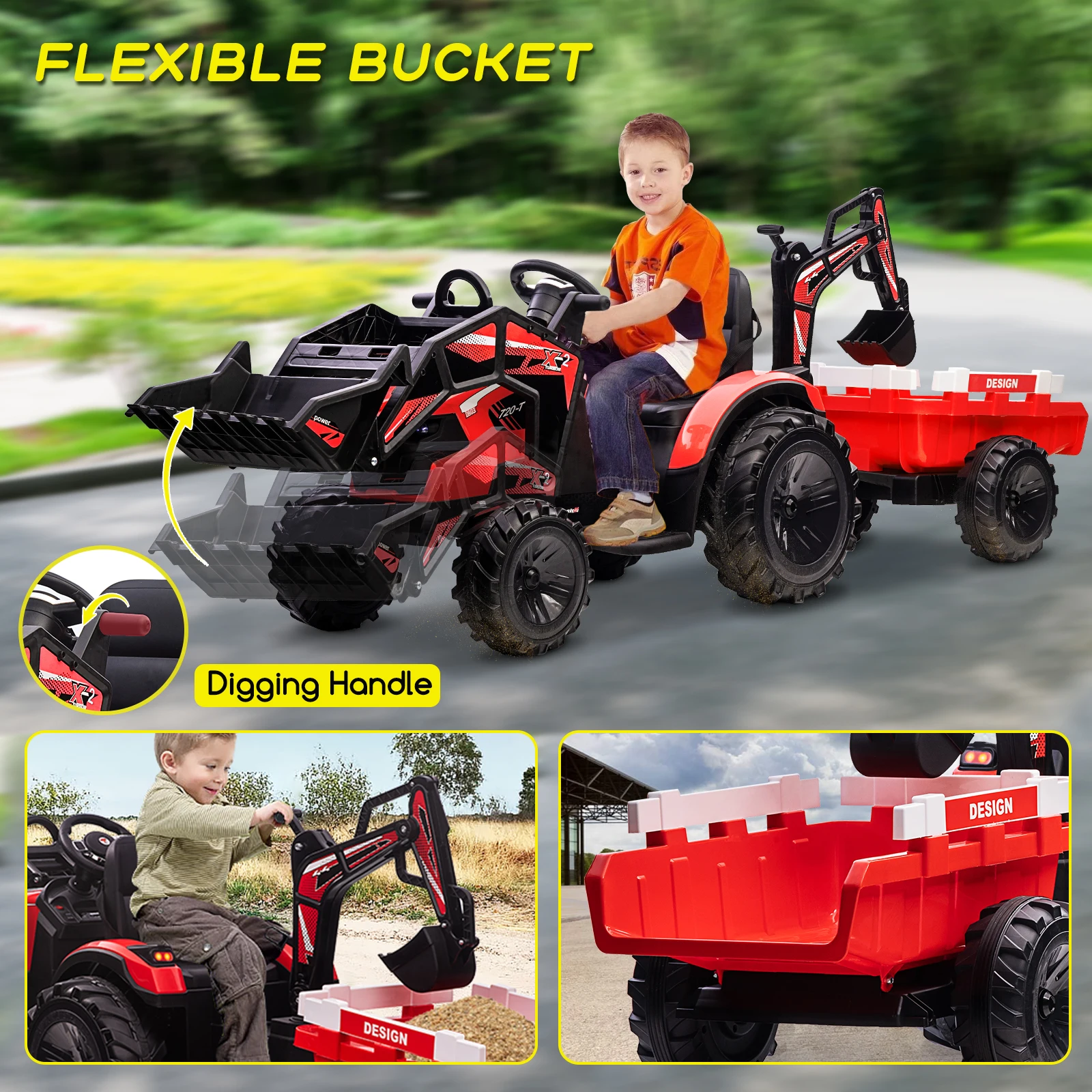 Trattore, escavatore e bulldozer 3 in 1, veicolo elettrico 24 V con rimorchio, secchio per pala, escavatore, telecomando, giocattolo per bambini
