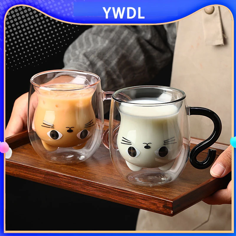 YWDL 1/2PCS 250ml Cartoon Cat Double Wall Glass Cute Coffee Tea Cup Heat-resistant Coffee Mug Handle Espresso Cup For Latte