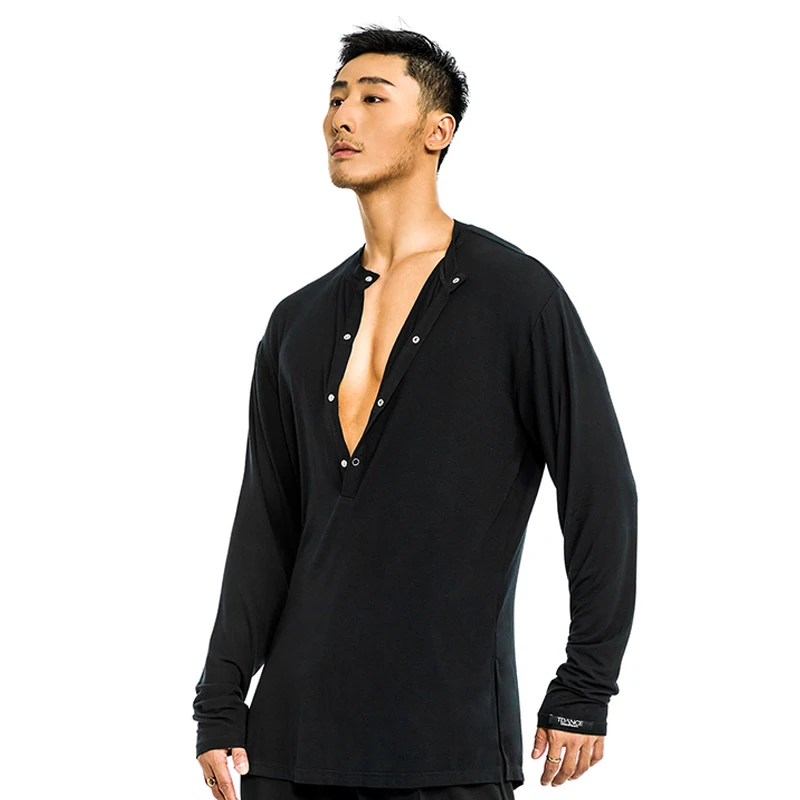 2024 New Latin Dance Tops For Men Loose Long Sleeved Paractice Clothes Chacha Rumba Tango Adult Male Latin Stage Wear DQS17829