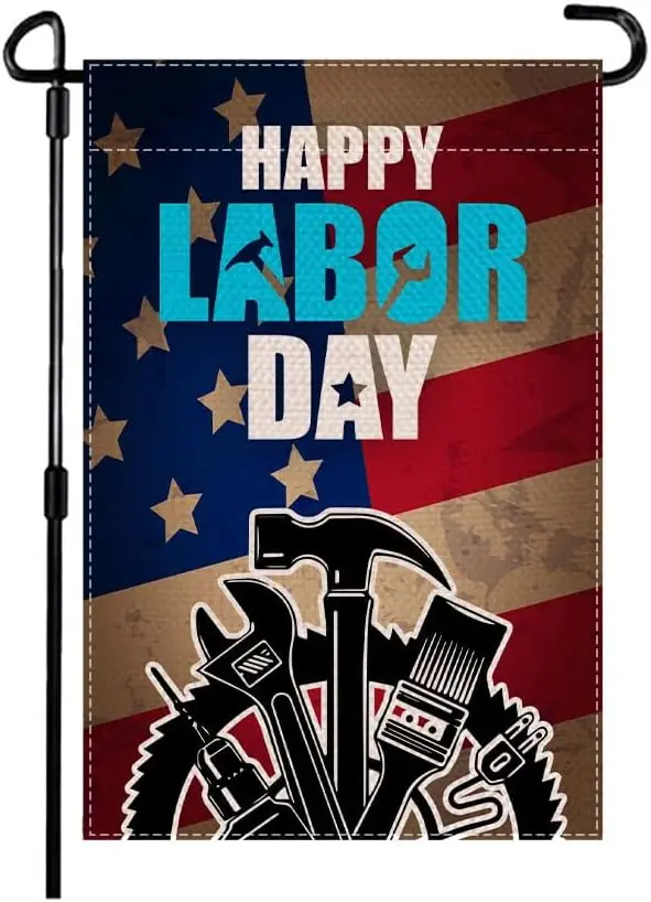 Aperturee 12x18 inch Happy Labor Day Garden Flag Vertical Double Sided American Flag Tool Gear wheel Small Burlap Garden Yard Ho