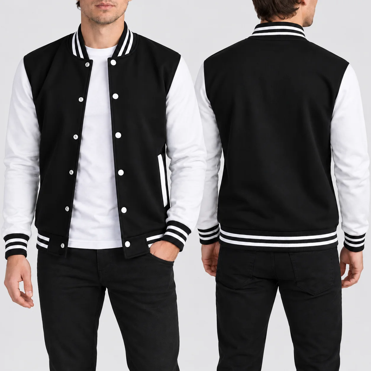 Retro Baseball Jacket for Men with Contrast White Sleeves, Snap Button Front and Striped Collar, Casual Autumn Winter Streetwear