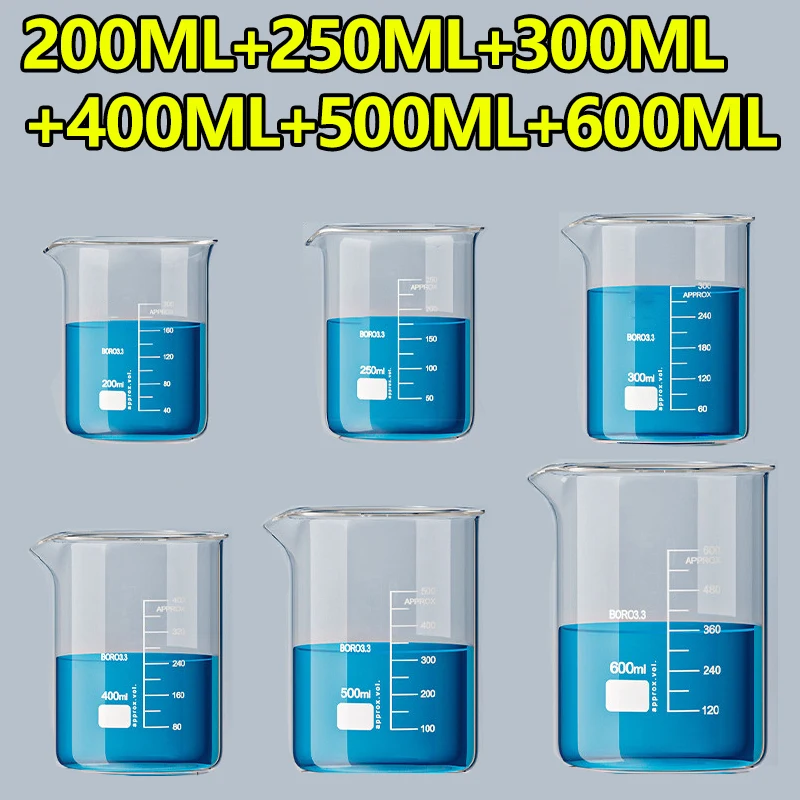 

6-pack low beaker 200ml 250ml 300ml 400ml 500ml 600ml high borosilicate glassware with scale