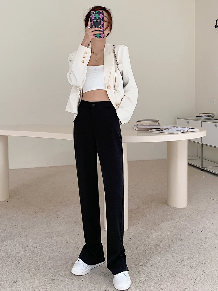 

Женские брюки с высокой талией и разрезом, прямые, широкие, струящиеся, повседневные, в пол, для офиса, из полиэстера