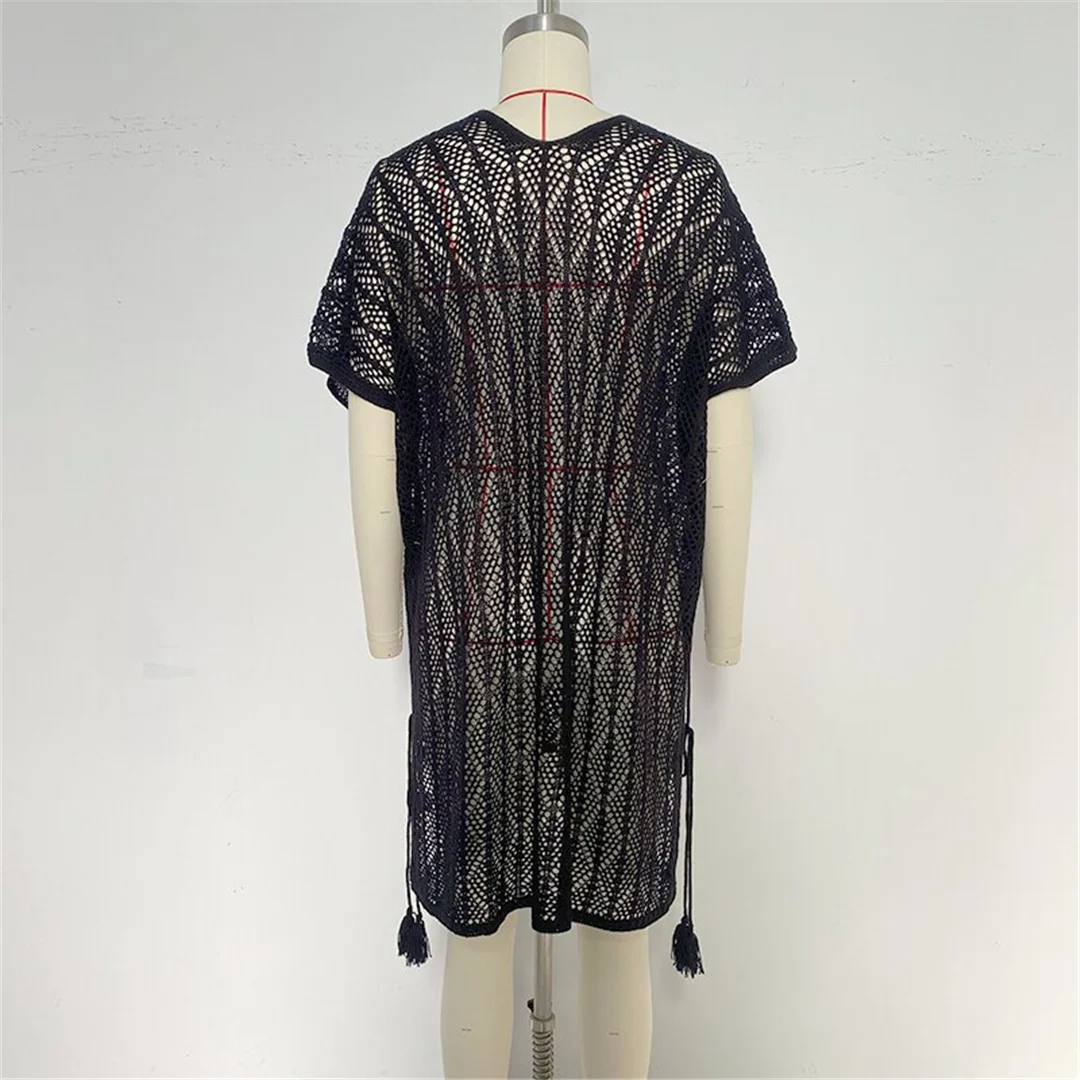 Neues, kurzärmeliges, einfarbiges, gehäkeltes Strick-Tunika-Strandkleid mit V-Ausschnitt, Strandkleid, Strandmode, Damenmode, K8580 – Detail 14