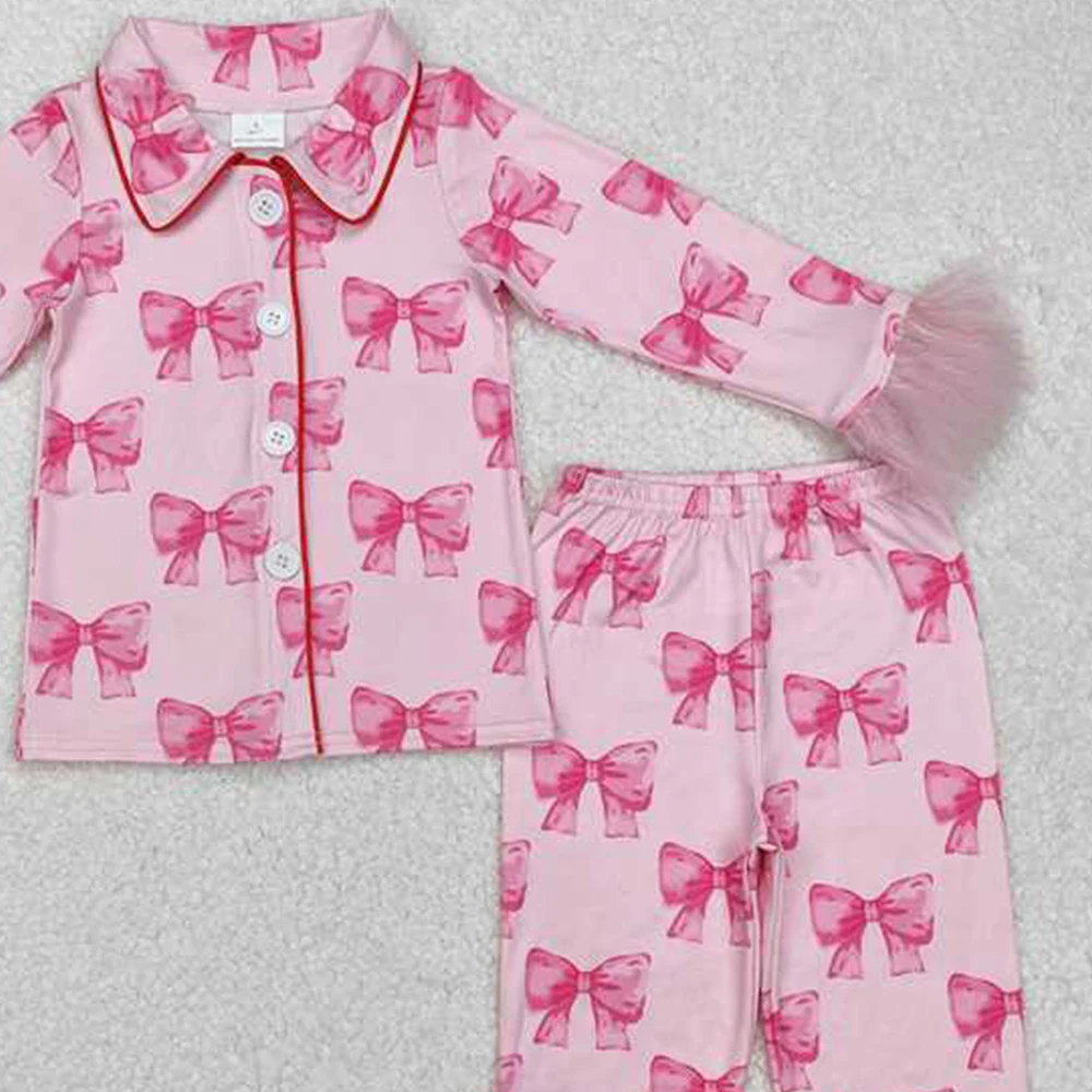GLP2289 Baby Mädchen Rosa Schleifen Pelzknöpfe Hemd Hose Pyjama Kleidungssets
