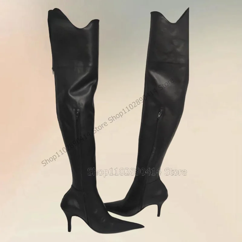 

Black Matte Leather Thigh High Pointed Toe Boots Side Zipper Women Shoes Thin High Heels Fashion Party 2024 Zapatos Para Mujere