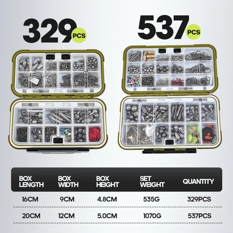 

TAIYU 329/537 шт. комплект аксессуаров для рыбалки с коробкой для снастей, крючками, грузилами, вертлюжками для морской рыбалки на открытом воздухе, полный набор приманок