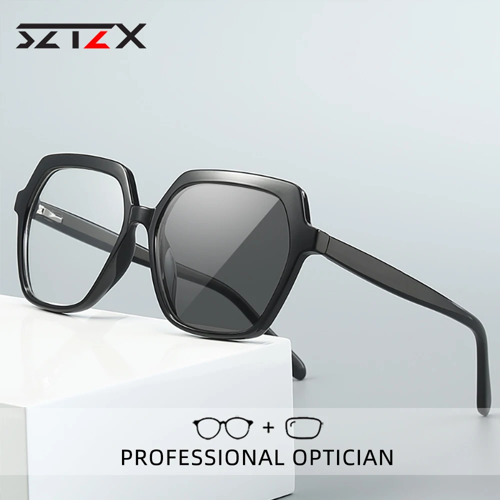 SZTZX Oversise Women Photochromic Myopia Prescription Glasses Hyperopia Reading Glasses Anti Blue Light Optical Eyeglasses Frame