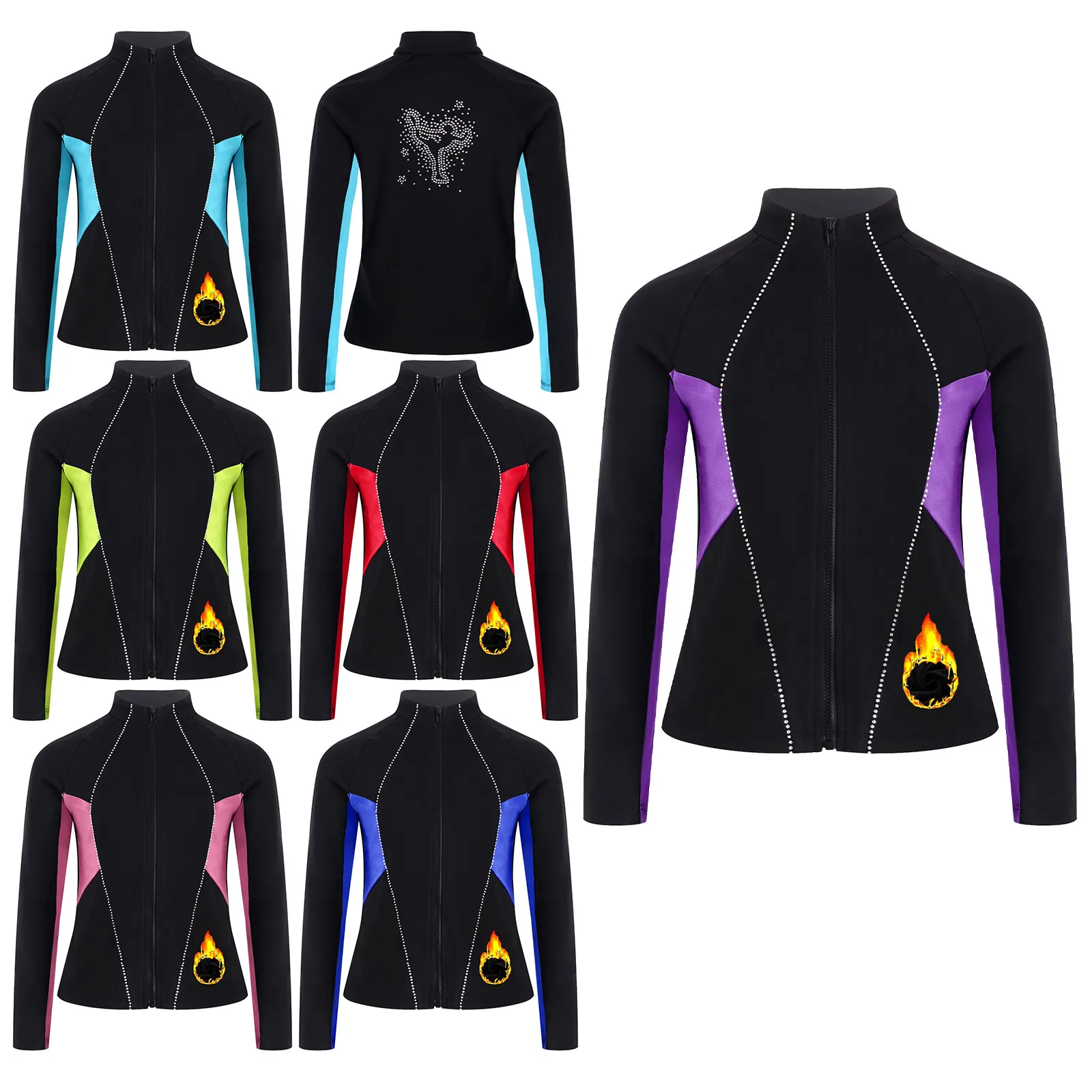 Girls Figure Skating Gymnastics Jacket Ballet Leotards Fleece-Lined Jacket Rhinestones Sweatshirt Outerwear for Sports Workout