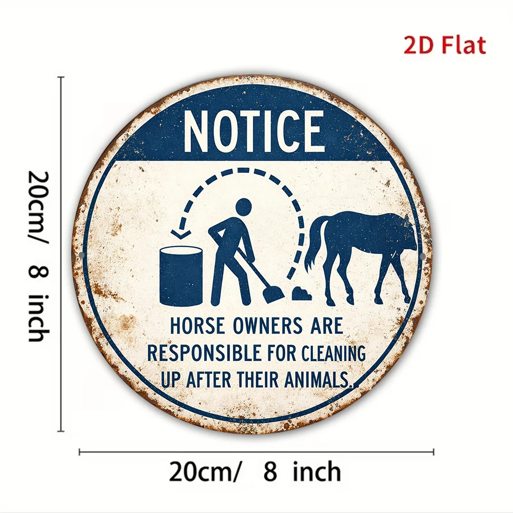 Farm Stable Notice Round Iron Poster 2D Flat 20x20cm Horse Owner Clean Up After Horses Silhouette Metal Sign Ranch Barn Wall Dec