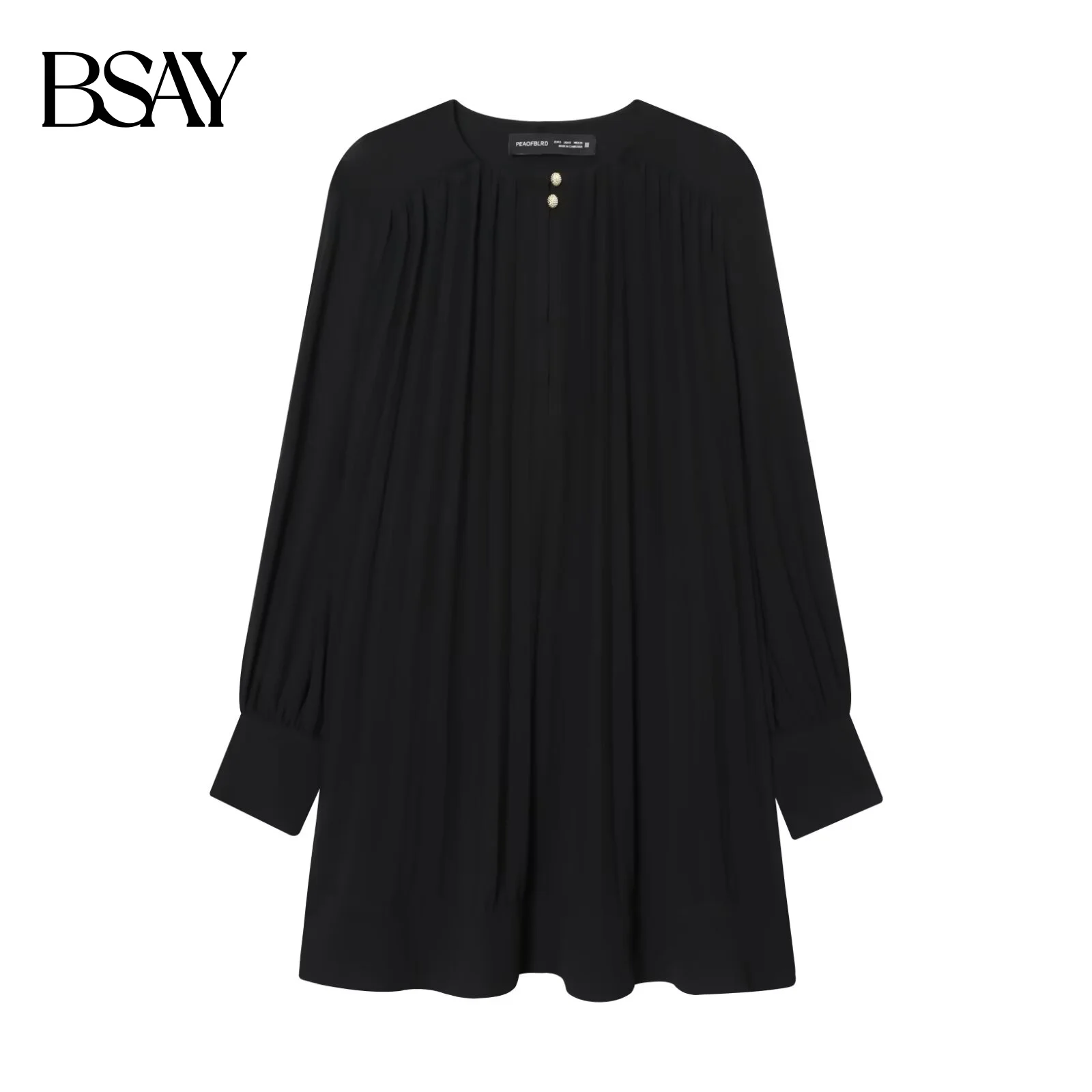 BSAY Herbst Neue 2025, frauen Laterne Ärmeln Rundhals plissee Einfarbig Mode Casual Kleid Kurzen Rock