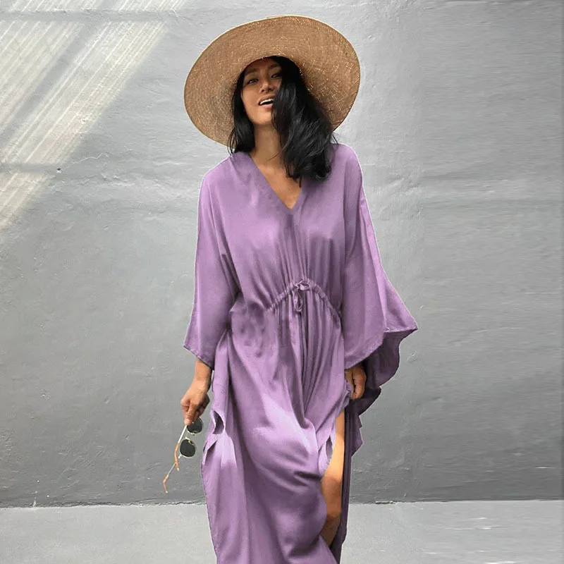 Loose Solid Drawstring waist Bikini Cover-ups Tunic Sexy V-neck Butterfly Sleeve Summer Beach Wear Maxi Dress Swimsuit Cover Up