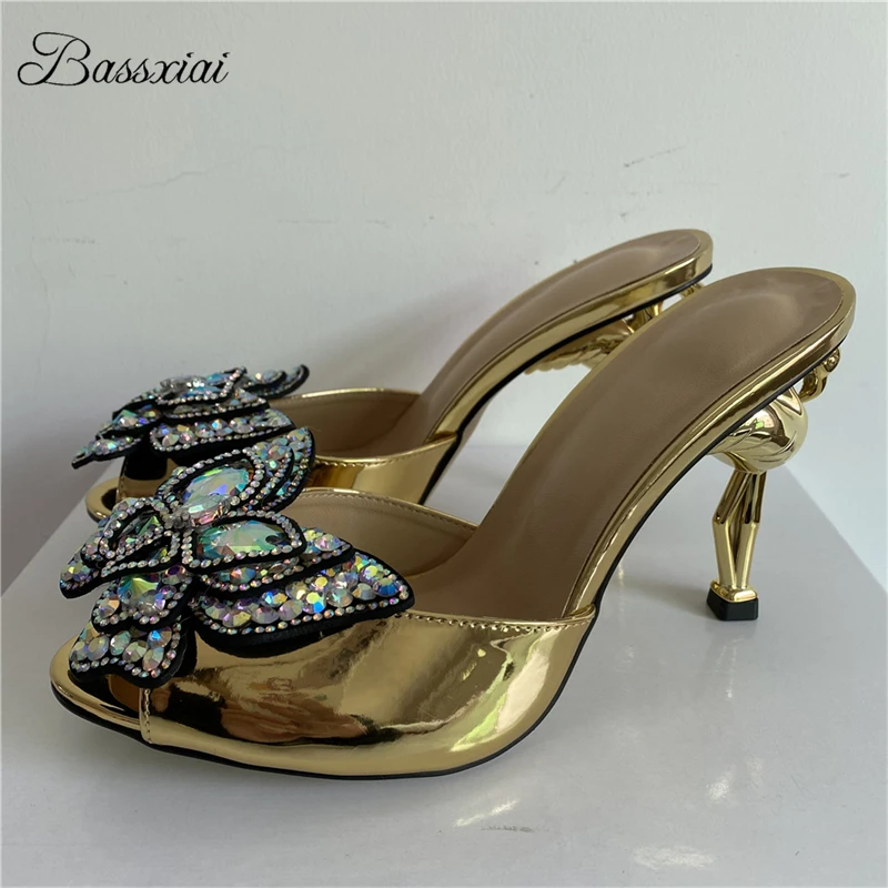 

Individual Flamingo Heel Slingbacks Mules Summer Luxury Patent Leather Colorful Rhinestone Butterfly-Flower Sandals Women