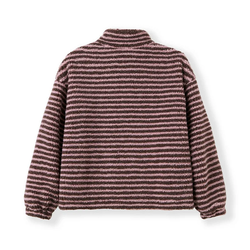 Women's Striped Fleece Jacket Color Block Half Zip Sherpa High Neck Pullover Trendy Oversized Warm Fuzzy Sweatshirt