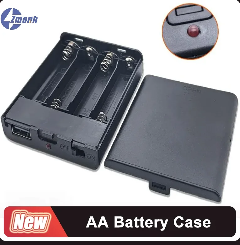 ¡Nuevo! 1 unidad de soporte para pilas AA de 4/3 ranuras, caja para pilas No.5 con interruptor de encendido y toma USB hembra, luz indicadora, caja para pilas AA