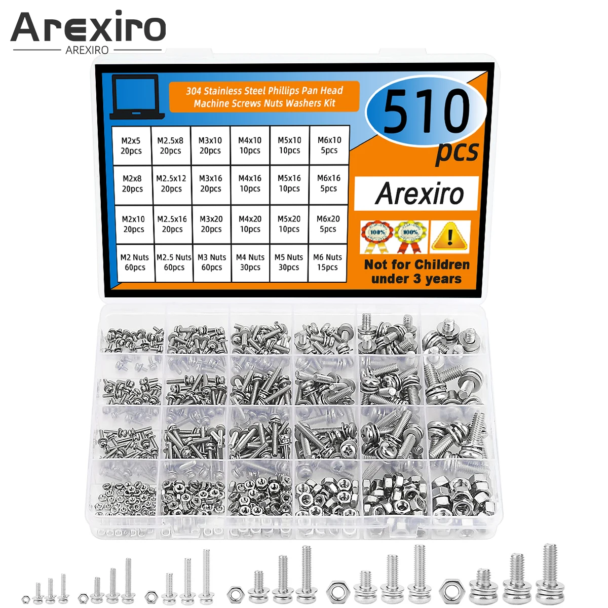 

510 Piece Phillips Pan Head Machine Screw Nut Washer Combo Kit Stainless Steel 304 Full Thread M2 M2.5 M3 M4 M5 M6