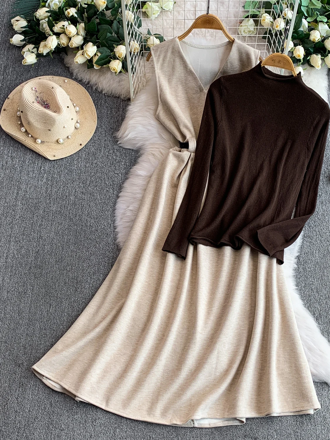 

Утягивающий вязаный шерстяной комплект Dr And Sweater с высокой талией V-Ne f Смачный осенний наряд с высоким воротником для подростков